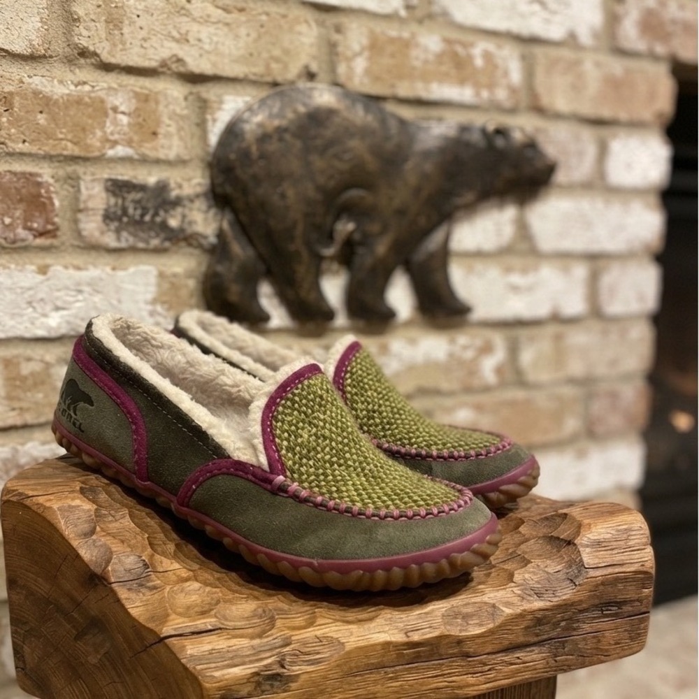 Sorel Tremblant Moc Olive Green Magenta‎ Suede Knit Slippers NL2121-231 Womens 9